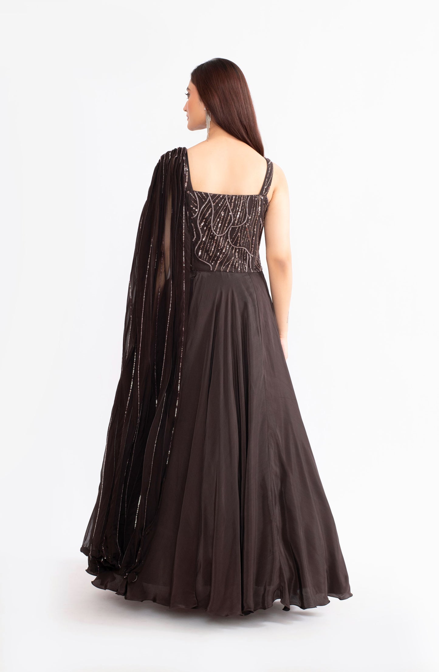Dark Brown Modal Satin Saree with Katdana and Tikki Work