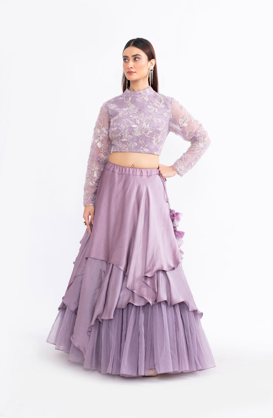 Elegant Lilac Satin Saree with Net Blouse