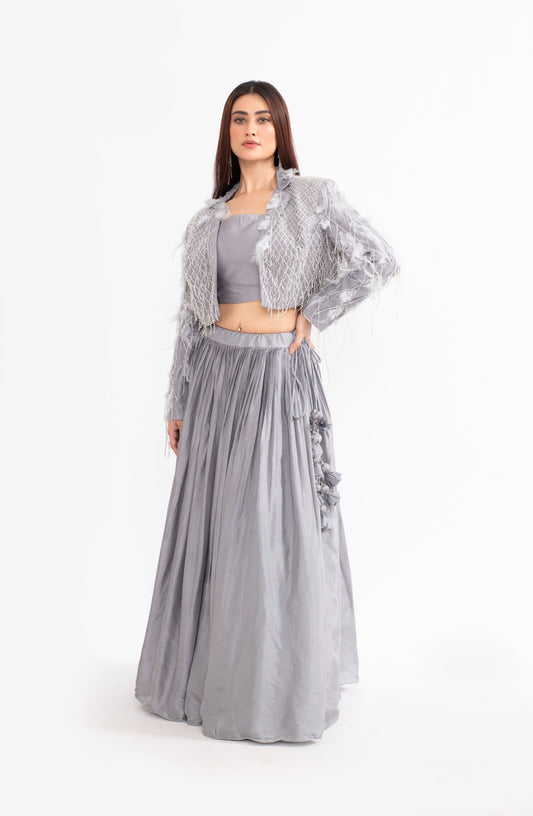 Elegant Grey Russian Silk Saree with Katdana and Chid Work