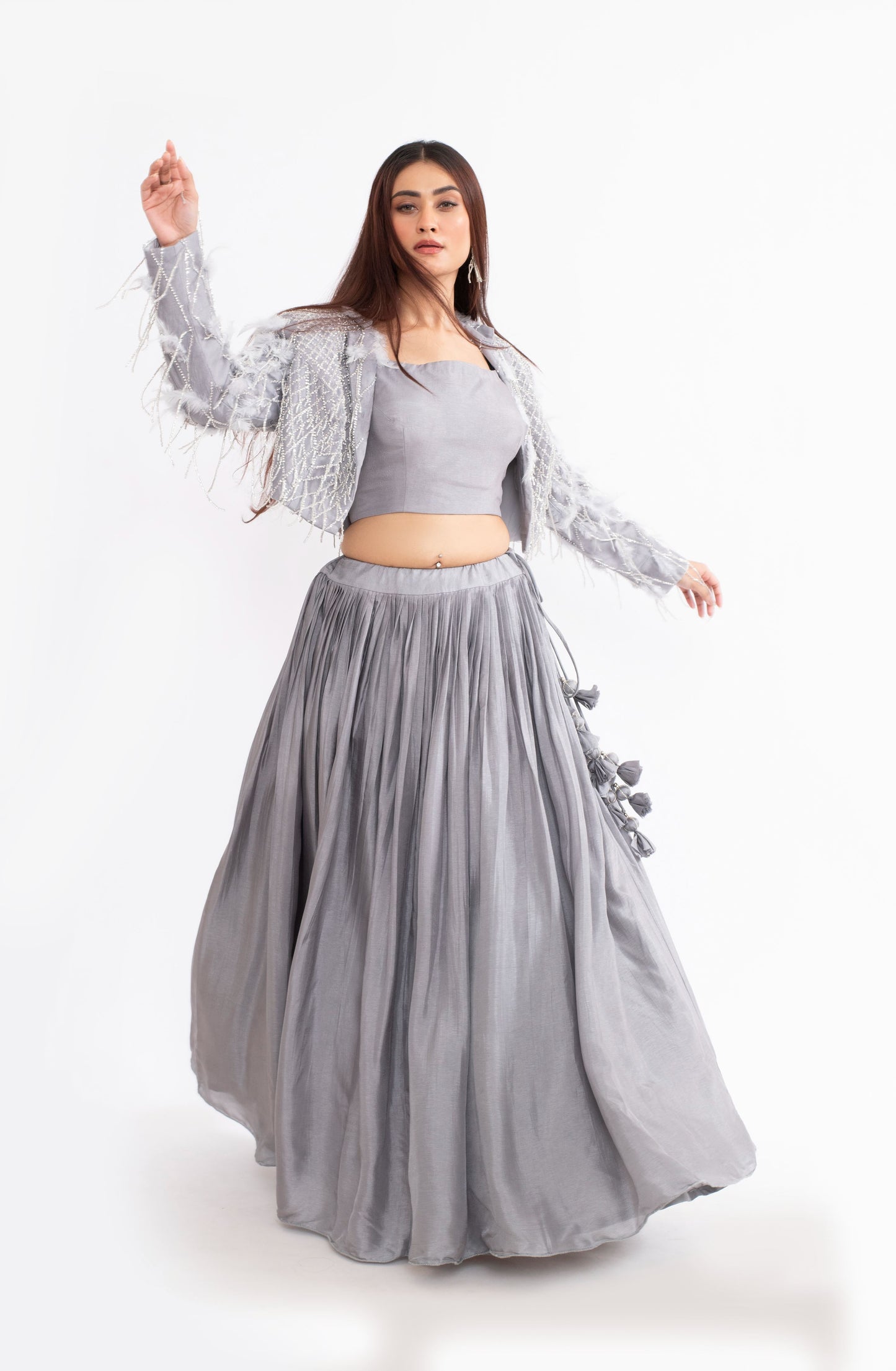 Elegant Grey Russian Silk Saree with Katdana and Chid Work