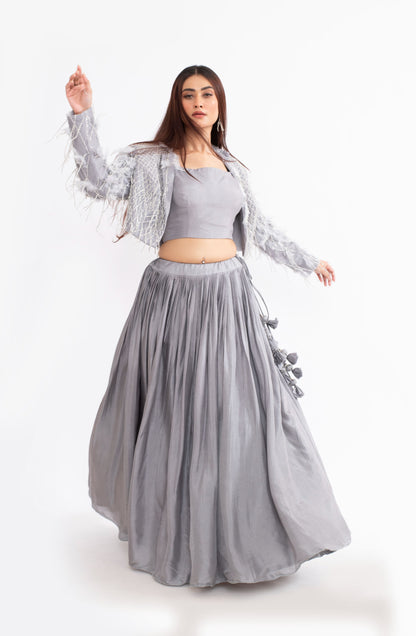 Elegant Grey Russian Silk Saree with Katdana and Chid Work