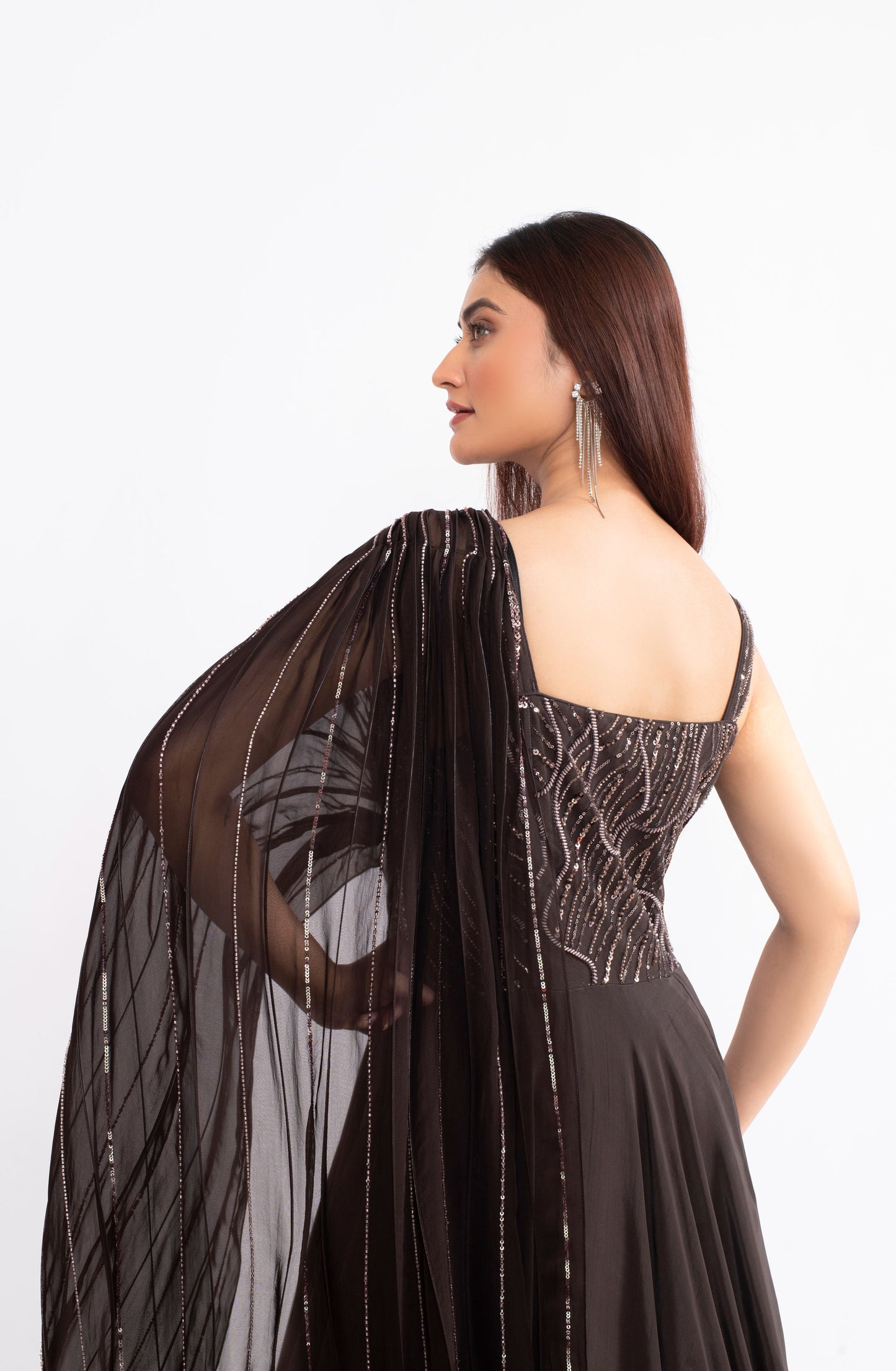 Dark Brown Modal Satin Saree with Katdana and Tikki Work