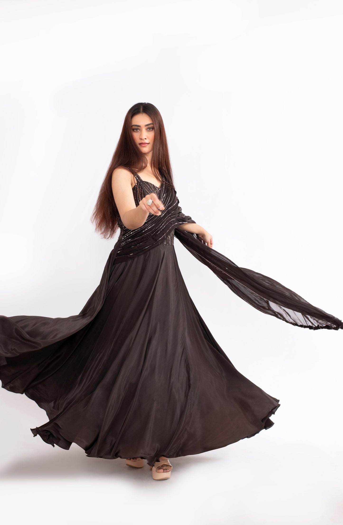 Dark Brown Modal Satin Saree with Katdana and Tikki Work
