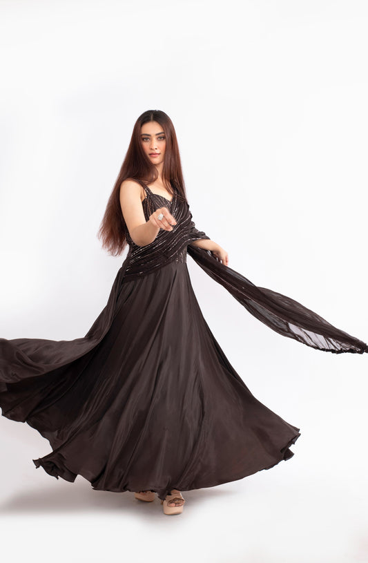 Dark Brown Modal Satin Saree with Katdana and Tikki Work