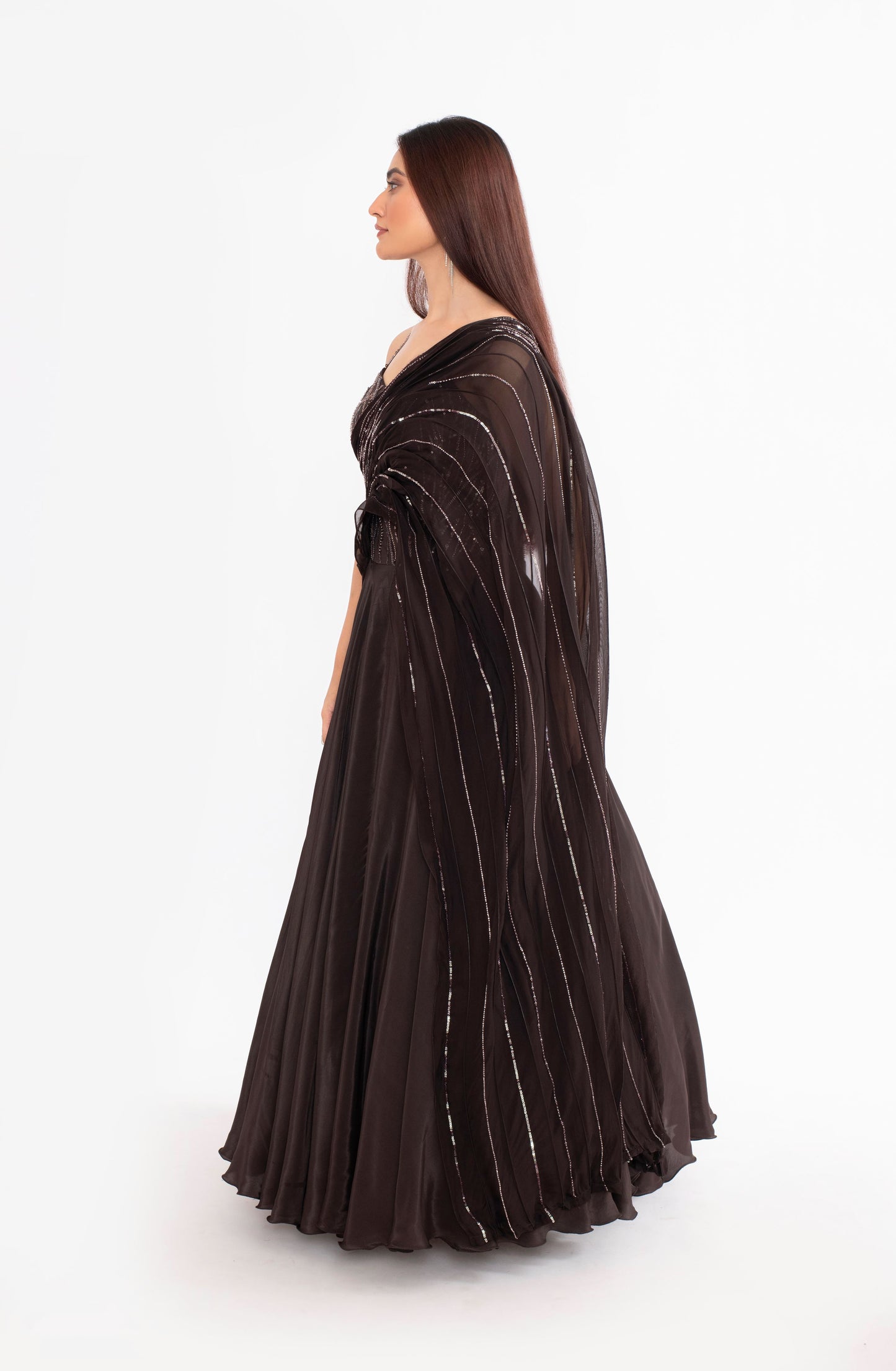 Dark Brown Modal Satin Saree with Katdana and Tikki Work