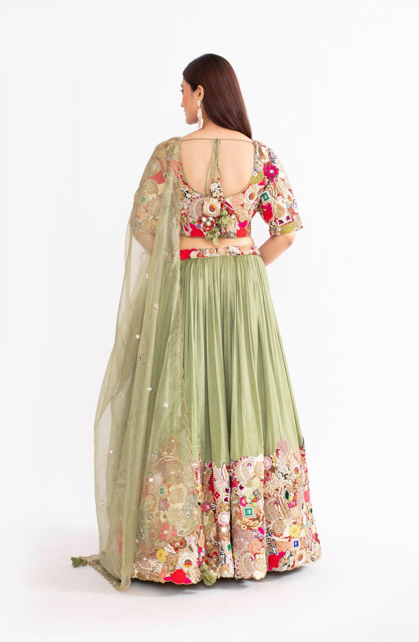 Apple Green Fusion Work Saree with Zardosi, Katdana, and Mirror Embellishments