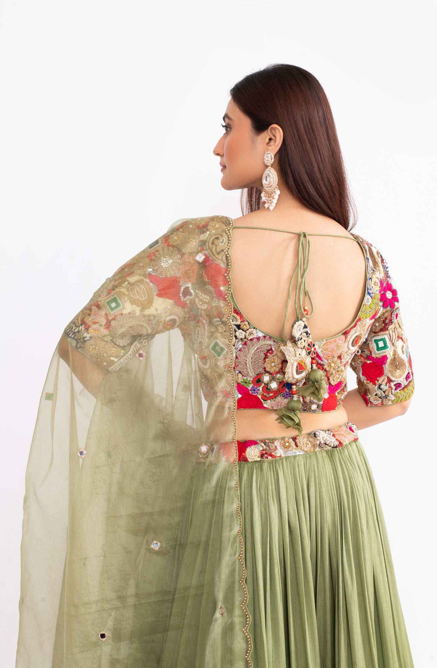 Apple Green Fusion Work Saree with Zardosi, Katdana, and Mirror Embellishments
