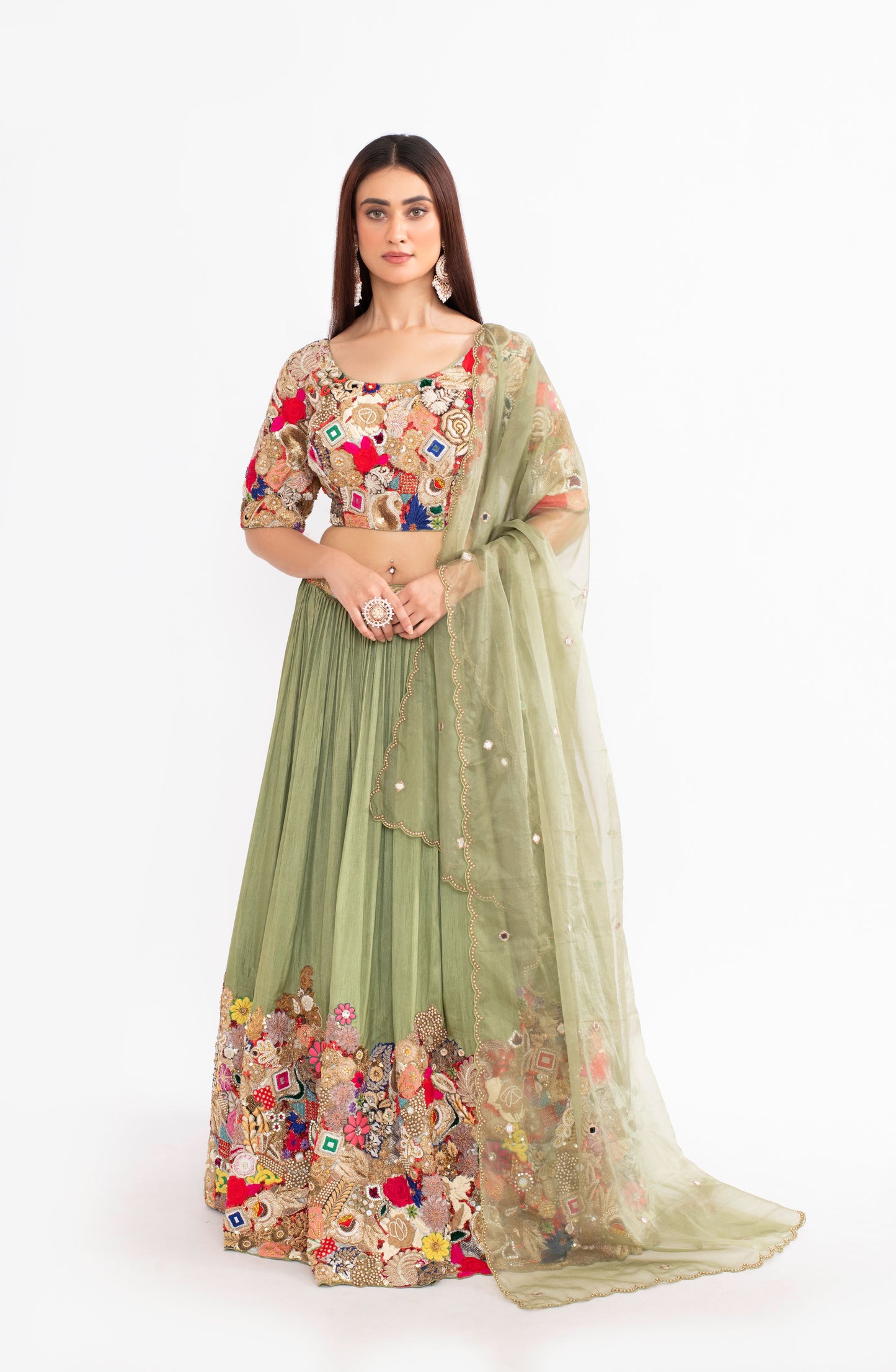 Apple Green Fusion Work Saree with Zardosi, Katdana, and Mirror Embellishments