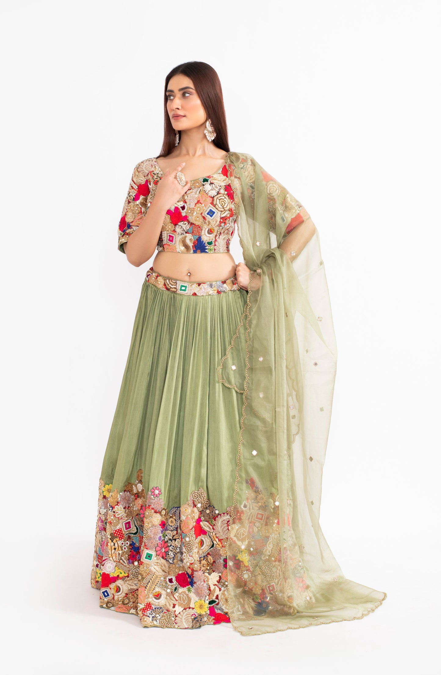 Apple Green Fusion Work Saree with Zardosi, Katdana, and Mirror Embellishments