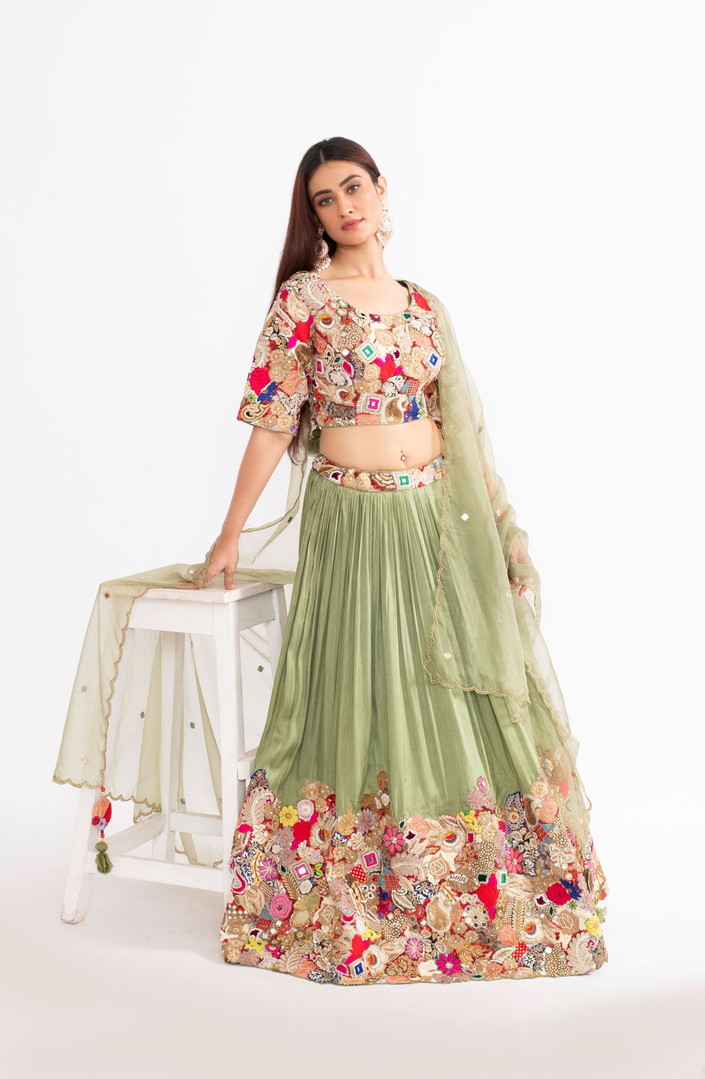 Apple Green Fusion Work Saree with Zardosi, Katdana, and Mirror Embellishments