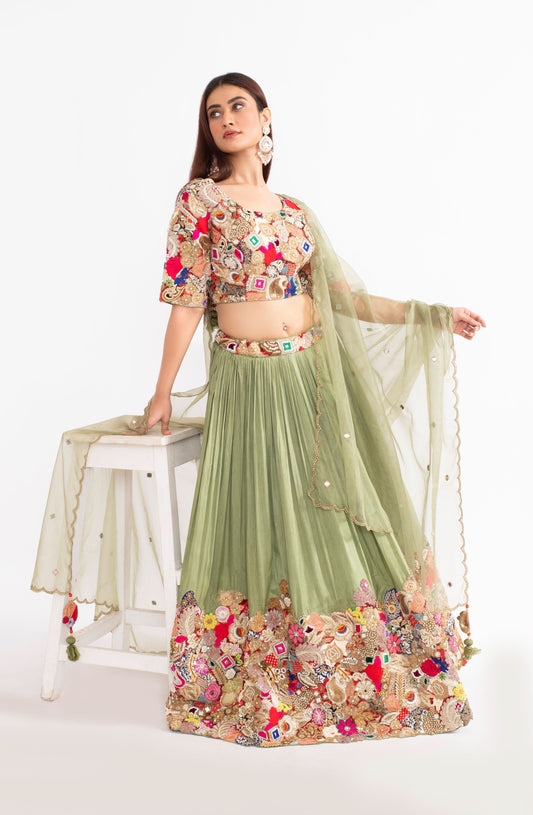 Apple Green Fusion Work Saree with Zardosi, Katdana, and Mirror Embellishments