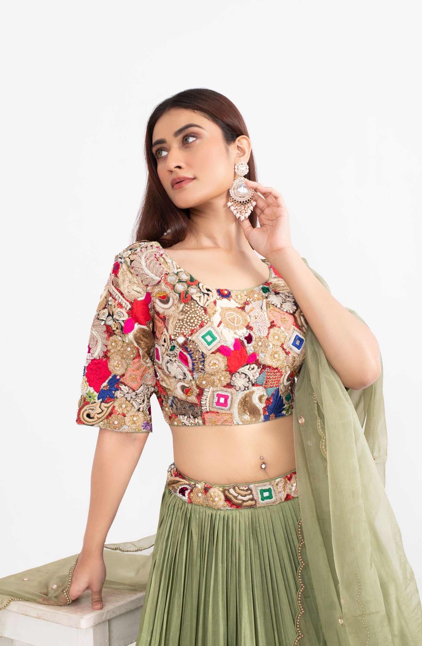 Apple Green Fusion Work Saree with Zardosi, Katdana, and Mirror Embellishments