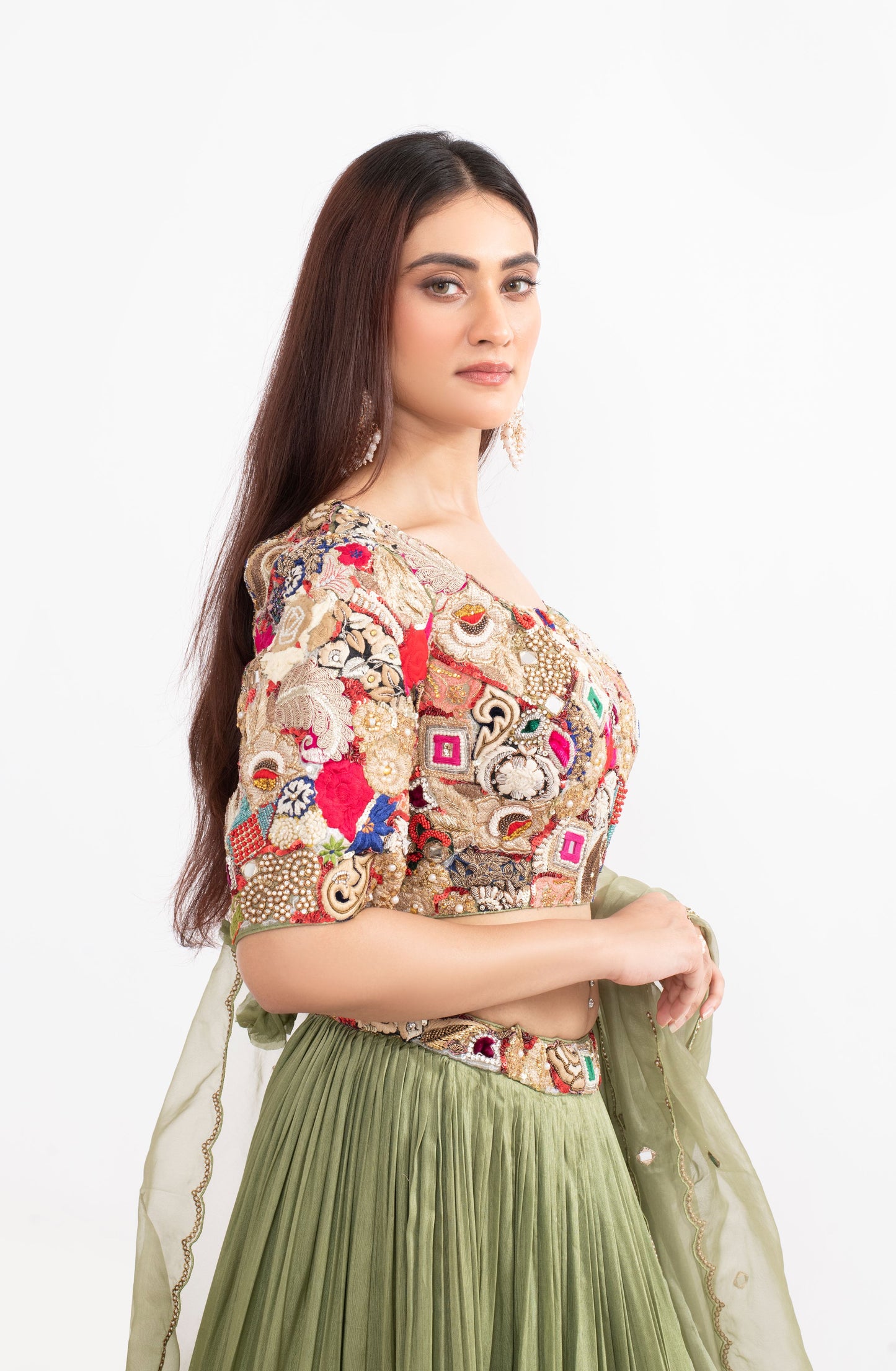 Apple Green Fusion Work Saree with Zardosi, Katdana, and Mirror Embellishments