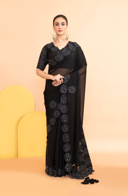 Black Organza Saree with Katdana and Chid Work & Crochet Blouse